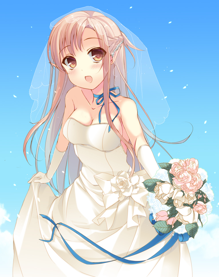 asuna_(sao), bouquet, breasts, brown_eyes, brown_hair, cleavage, dress, ear_covers