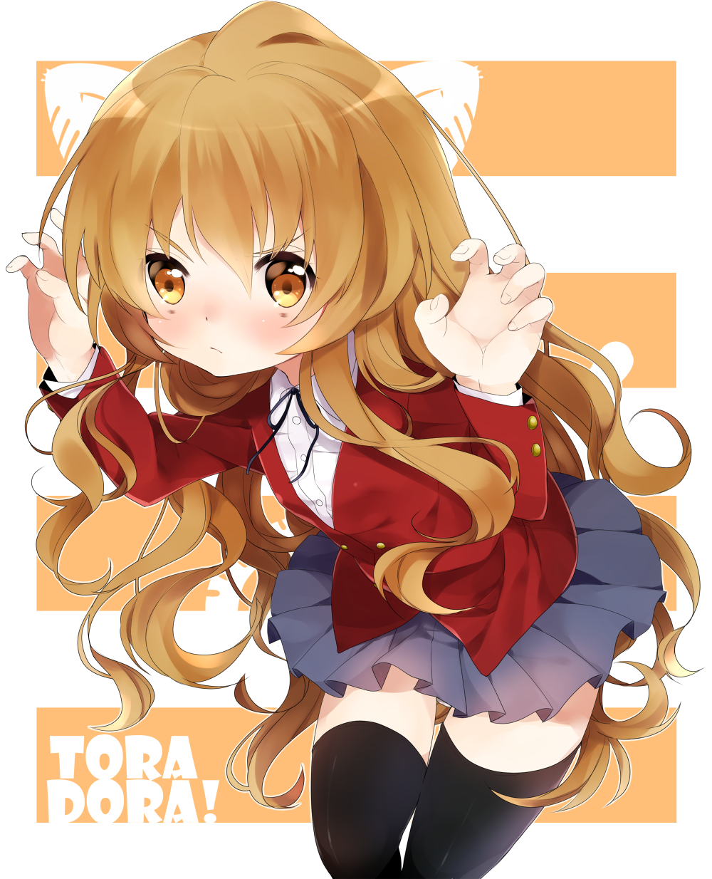 aisaka_taiga, animal_ears, black_legwear, blush, brown_eyes, brown_hair, flat_chest, hanata, hands_up, highres, leaning_forward, long_hair, school_swimsuit, school_uniform, skirt, solo, swimsuit, tail, thigh-highs, thighhighs, tiger_ears, tiger_tail, title_drop, toradora!, zettai_ryouiki