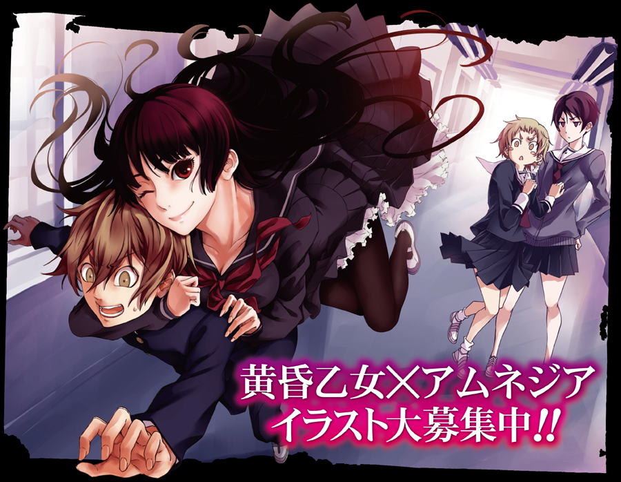 3girls, arm_around_neck, bangs, blush_stickers, breasts, brown_eyes, brown_hair, cleavage