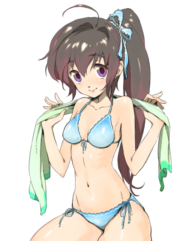 black_hair, navel, original, purple_eyes, side_ponytail, swimsuit, towel, usikani