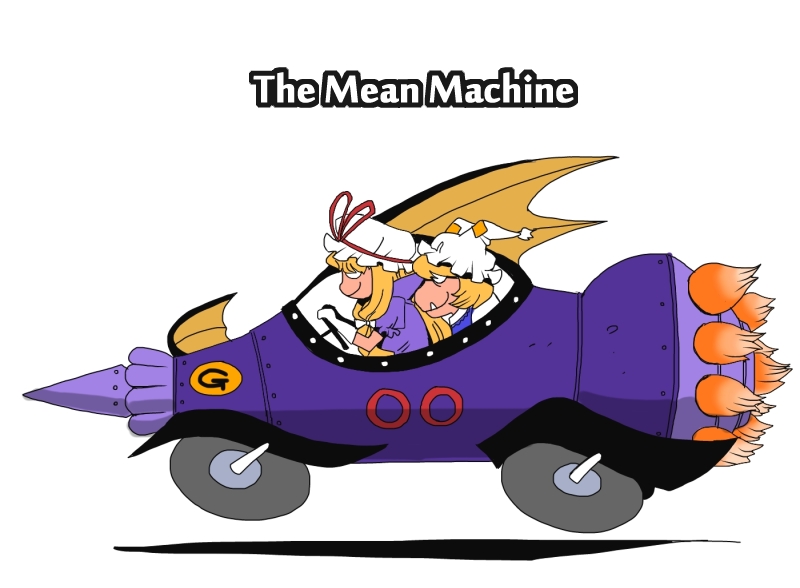blonde_hair, car, dick_dastardly, hat, motor_vehicle, multiple_girls, multiple_tails, onikobe_rin, rocket, tail, touhou, vehicle, wacky_races, yakumo_ran, yakumo_yukari