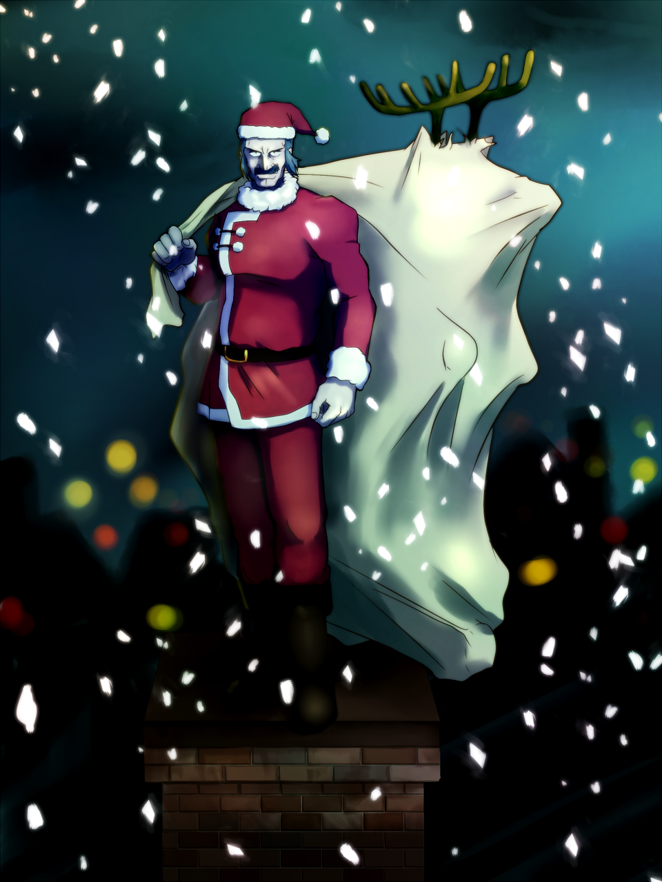 antlers, belt, boots, brick, buckle, chimney, christmas, facial_hair, g_gundam, grey_hair, gundam, hat, highres, house, male, manly, master_asia, migo, mustache, night, sack, santa_costume, santa_hat, snow