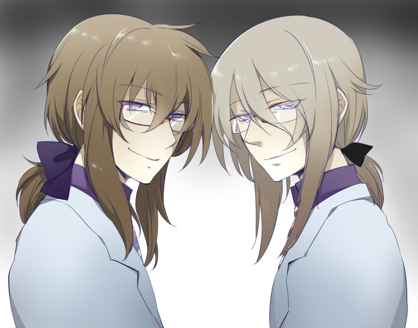bow, brown_hair, dual_persona, glasses, hatoful_kareshi, iwamine_shuu, labcoat, long_hair