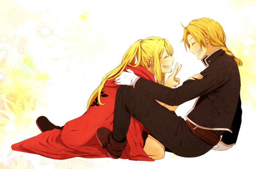1girl, ahoge, blonde_hair, braid, closed_eyes, coat, couple, earrings, edward_elric, eyes_closed, fullmetal_alchemist, gloves, grin, jewelry, long_hair, ponytail, sani_(nmk_sunny), smile, v, winry_rockbell
