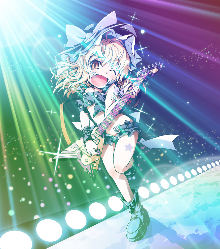 alternate_costume, audience, belt, blonde_hair, blush, boots, bow, fang