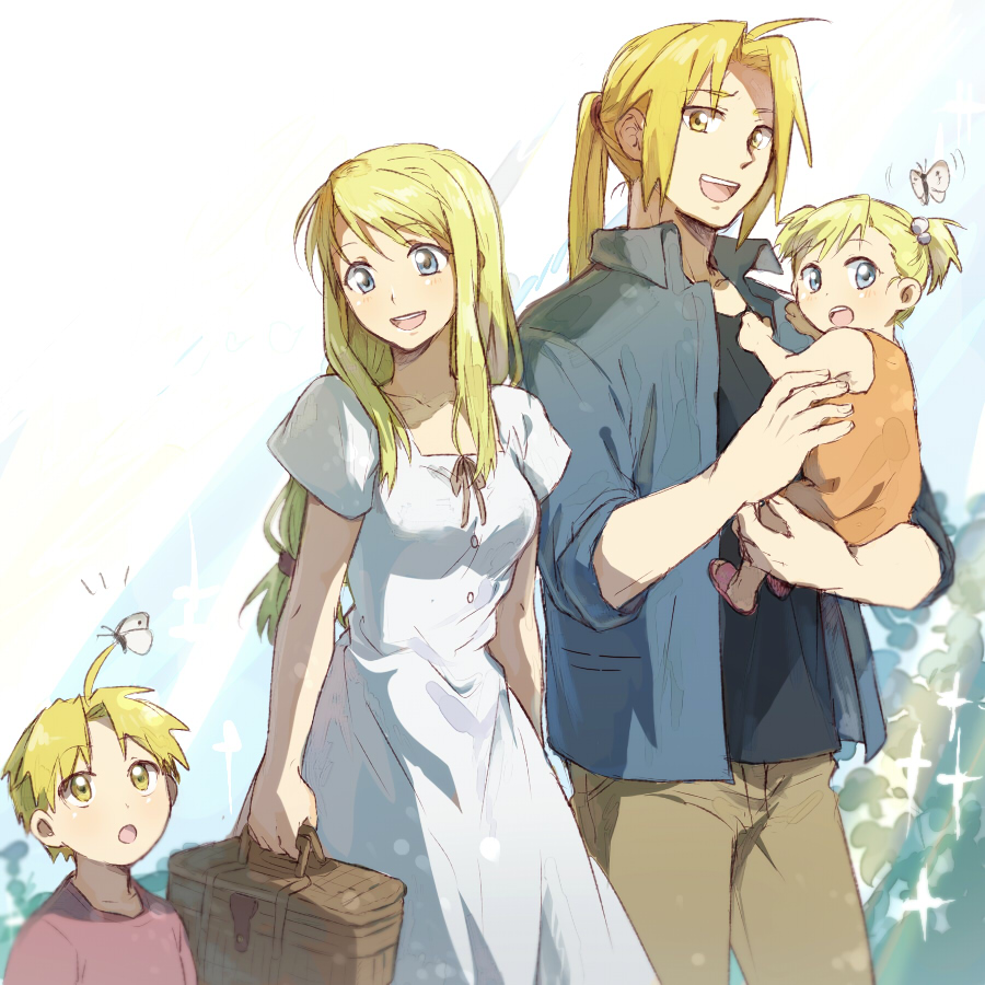 2girls, age_difference, ahoge, blonde_hair, blue_eyes, butterfly, carrying, child