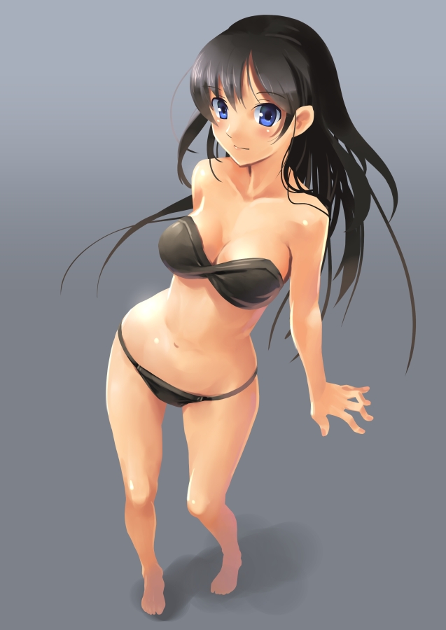 bandeau, bare_legs, bare_shoulders, barefoot, bikini, black_bikini, black_hair, blue_eyes