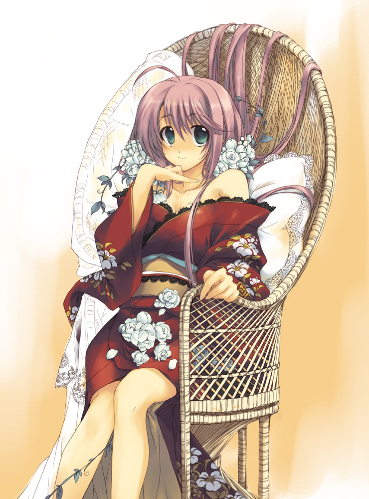 chair, flower, green_eyes, harukanaru_toki_no_naka_de, harukanaru_toki_no_naka_de_3, japanese_clothes, kasuga_nozomi, kimono