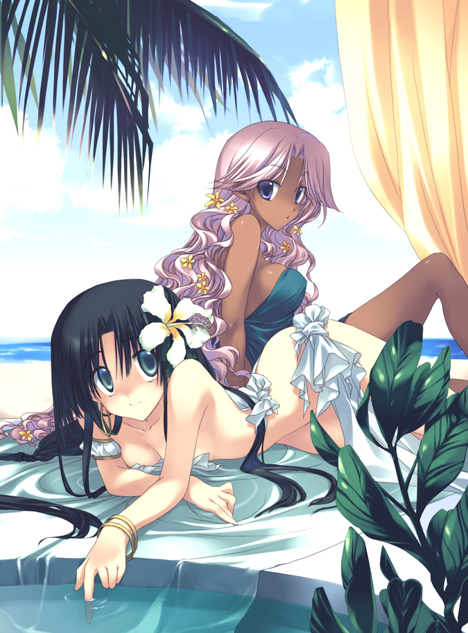 black_hair, blue_eyes, dark_skin, flower, long_hair, multiple_girls, original, purple_hair