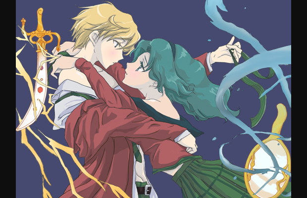 androgynous, aqua_hair, bare_shoulders, bishoujo_senshi_sailor_moon, blazer, blonde_hair, blue_background, deep_aqua_mirror, eye_contact, green_hair, hairband, hug, jingo_kajiki, kaiou_michiru, kiss, knife, long_hair, looking_at_another, lowres, miko_embrace, mirror, multiple_girls, parody, pillarboxed, profile, reverse_trap, saliva, school_uniform, short_hair, space_sword, sword, ten'ou_haruka, ten'ou_haruka, undressing, weapon, yuri