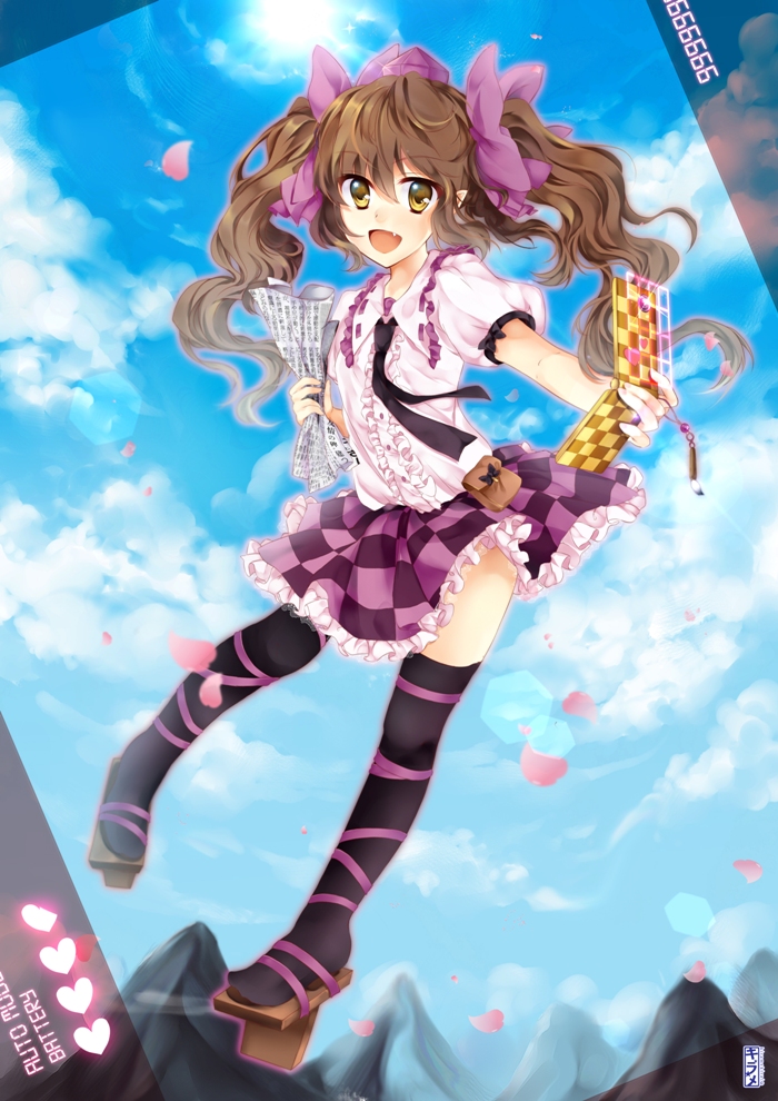 brown_hair, cellphone, checkered, checkered_skirt, fang, hair_ribbon, happy, hat