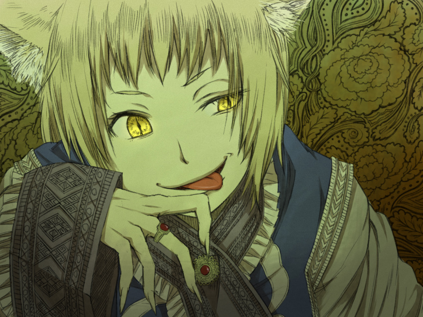 animal_ears, blonde_hair, chito04, dress, fingernails, fox_ears, highres, jewelry