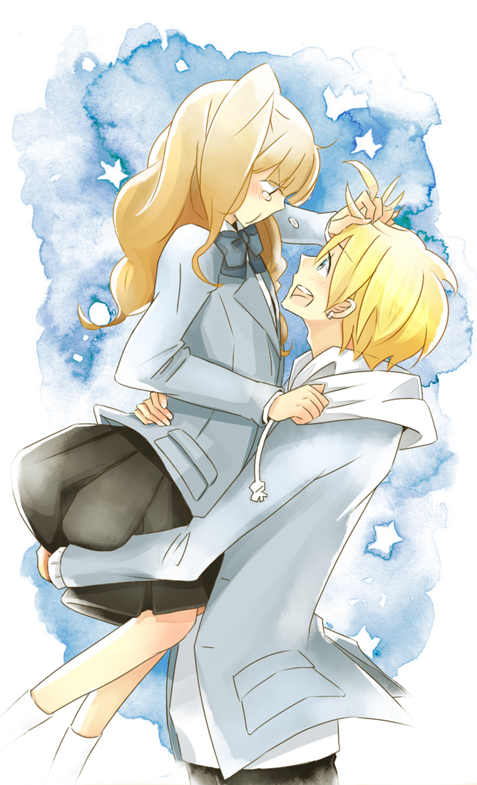 1girl, blonde_hair, blue_eyes, blush, brown_hair, carrying, happy, hug