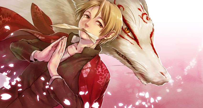 brown_eyes, brown_hair, dragon, japanese_clothes, madara_(natsume_yuujinchou), mouth_hold, natsume_takashi, natsume_yuujinchou