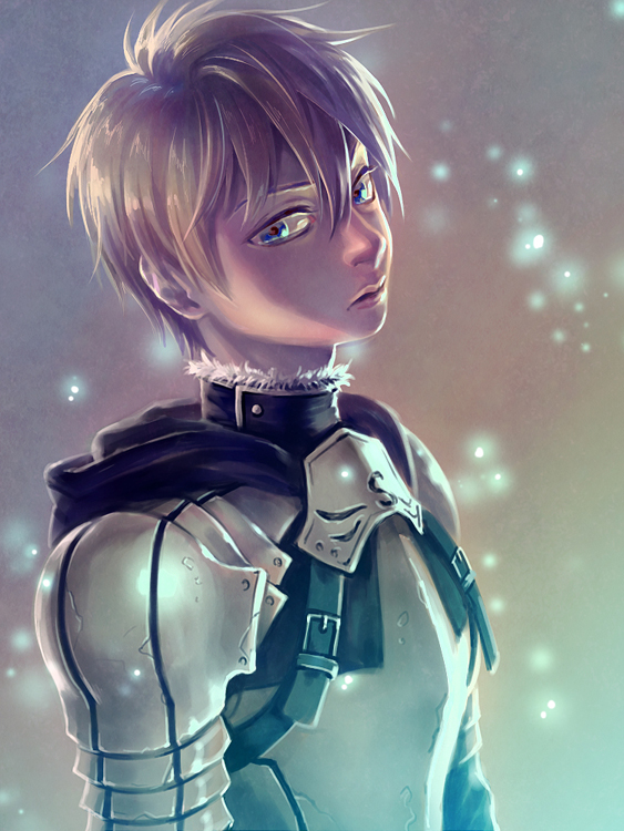 androgynous, armor, blonde_hair, blue_eyes, fate/prototype, fate_(series), light_particles, male, realistic, saber_(fate/prototype), solo, sue910