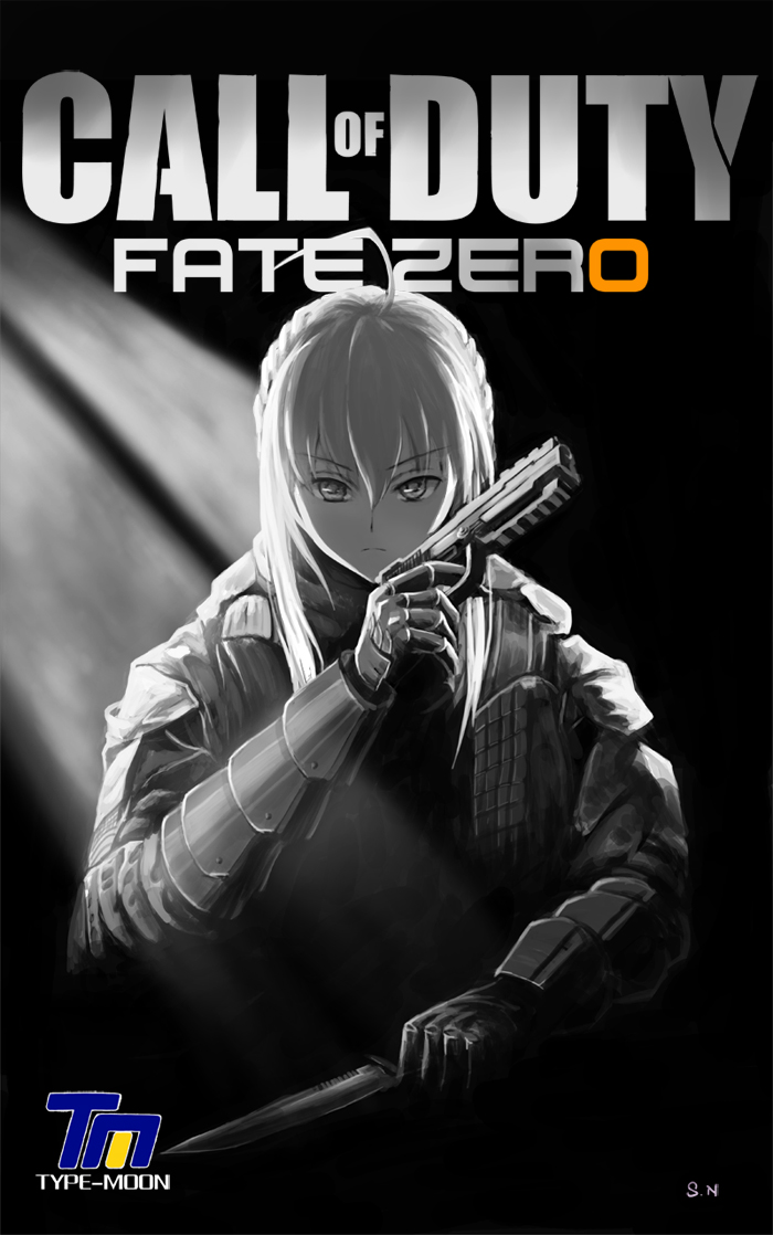 ahoge, bad_id, call_of_duty, call_of_duty:_black_ops_2, cqc, crossover, fate/zero, fate_(series), gun, handgun, knife, logo, monochrome, saber, sgtxiaoxin, solo, type-moon, weapon