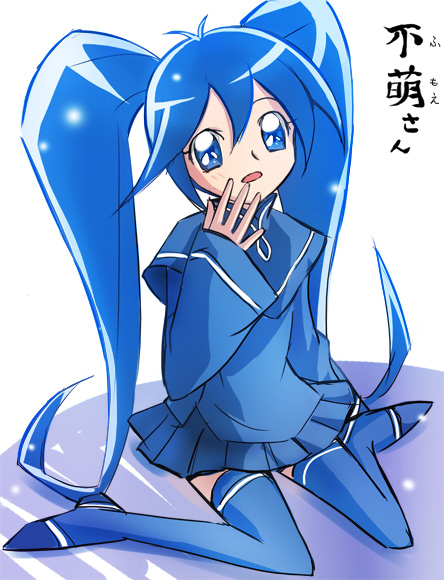 blue, blue_eyes, blue_hair, blue_legwear, finger_to_face, from_above, hand_on_own_face, haruyama