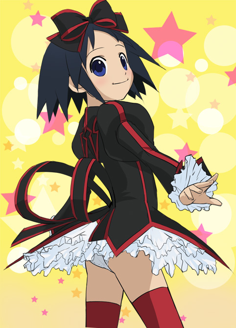 black_dress, black_hair, black_ribbon, blue_eyes, bow, dress, frills, from_behind