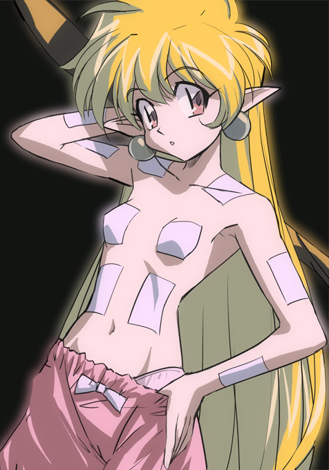 90s, arm_up, armpits, black_background, blonde_hair, bow, detatoko_princess, earrings, haruyama, jewelry, lapis_(detatoko_princess), long_hair, looking_at_viewer, navel, panties, pants, pants_pull, pantyshot, pink_panties, pointy_ears, poultice, simple_background, solo, underwear, very_long_hair