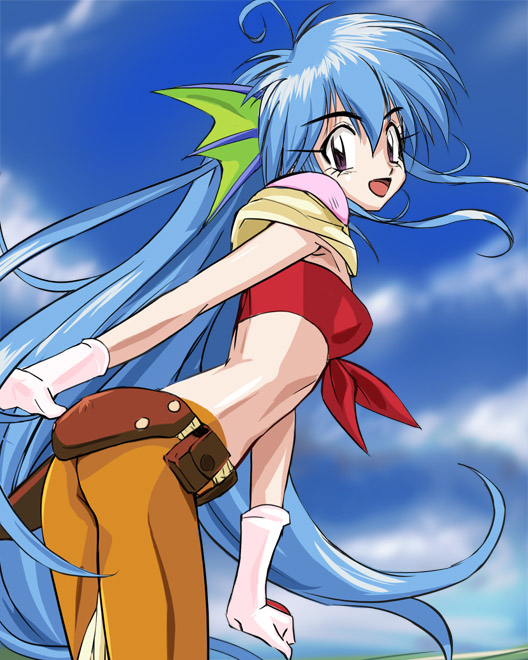 90s, :d, ahoge, arched_back, ass, blue_hair, blue_sky, gloves, haruyama, head_fins, k.o._century_beast_warriors, ko_seiki_beast_sanjuushi, leaning_forward, long_hair, looking_at_viewer, looking_back, mei_mer, midriff, open_mouth, pantyhose, purple_eyes, sky, smile, solo, tubetop, very_long_hair