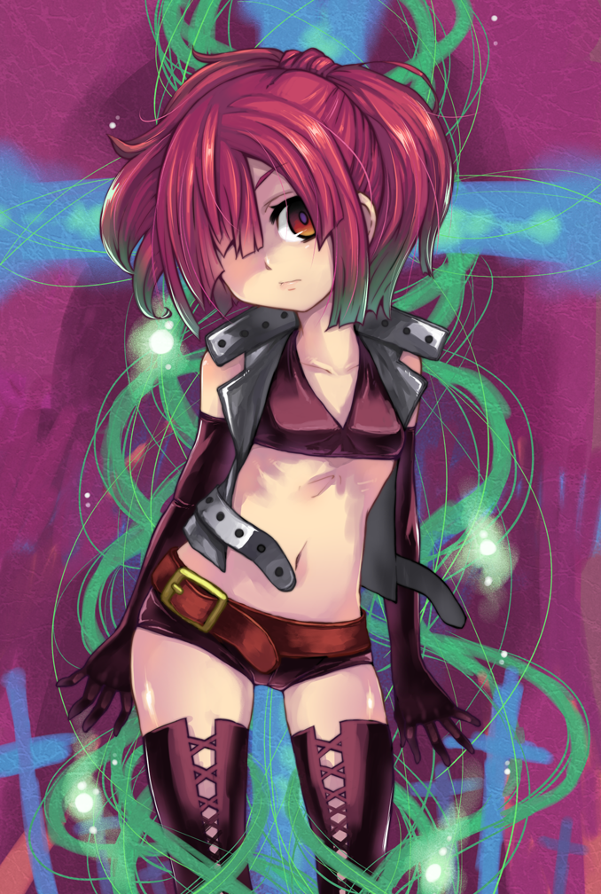 belt, boots, brown_eyes, elbow_gloves, etori, gloves, hair_over_one_eye, halter_top