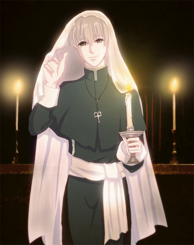 billy_lee_black, candle, cross, cross_necklace, green_eyes, hood, jewelry, male