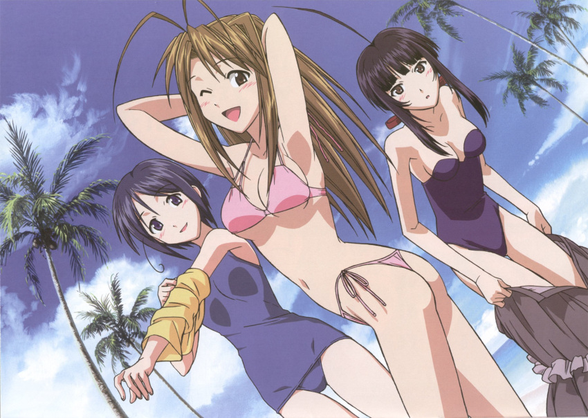 bikini, black_hair, blue_hair, blush, bob_cut, brown_hair, highres, love_hina