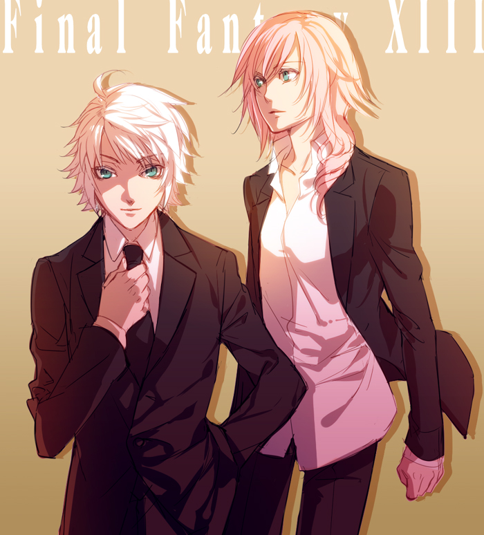 blue_eyes, couple, dress_shirt, female, final_fantasy, final_fantasy_xiii, formal, green_eyes