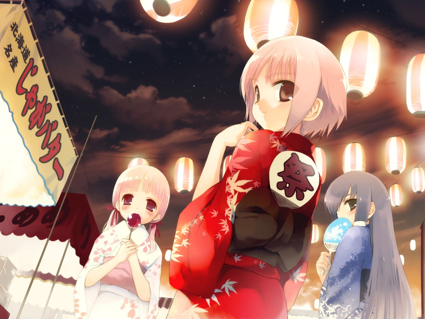akino_momiji, blush, cuffs_design, fan, festival, japanese_clothes, kiriyama_sakura, koin