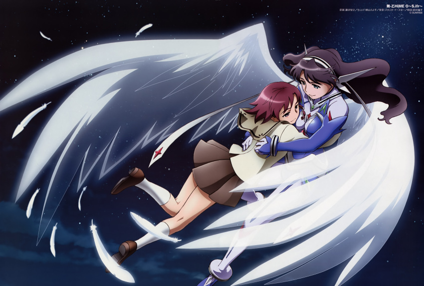 absurdres, asymmetrical_hair, black_hair, blue_eyes, comp_h's, feathers, fujii_tomoyuki, headband, highres, lena_sayers, mai_otome, mai_otome_sifr, my-otome, my-otome_s.ifr, purple_hair, rena_sayers, seifuku, sifr_blan, sifr_fran, space, stars, wings
