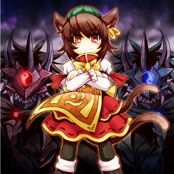 animal_ears, blue_oni, brown_hair, cat_ears, cat_tail, chen, crossed_arms, dress, earrings, hat, horn, jewelry, multiple_tails, oni, pantyhose, red_eyes, red_oni, short_hair, smile, solo, sore_(whirlwind), sore_aqu, tail, touhou