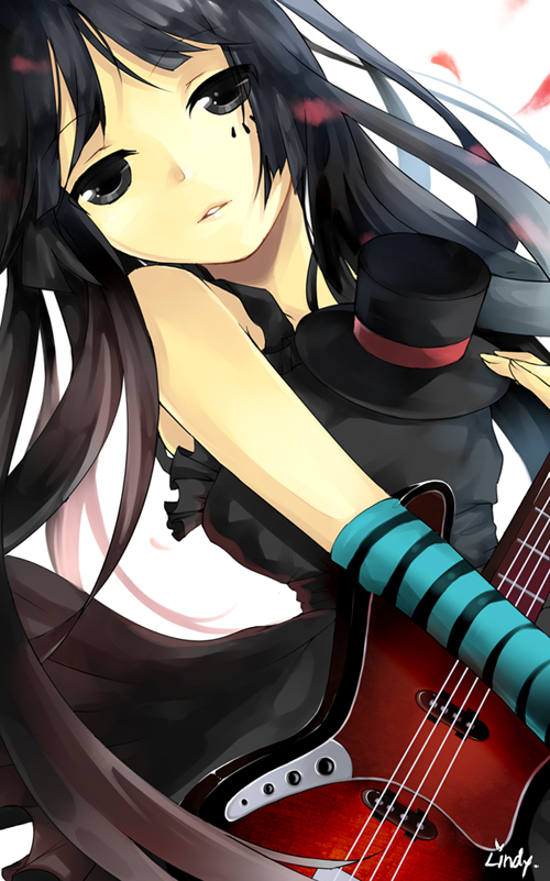 akiyama_mio, bass_guitar, black_dress, black_eyes, black_hair, cover, don't_say_"lazy", dress