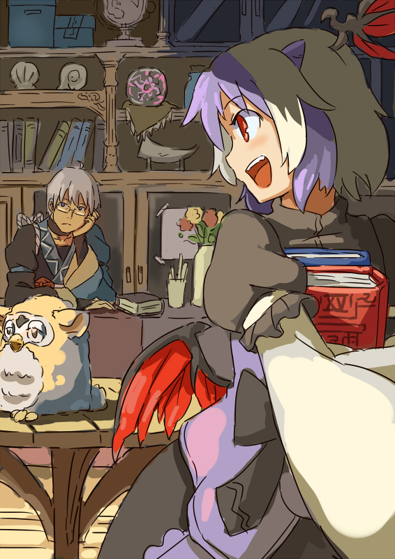 1girl, blush, book, furby, gizmo_(gremlins), glasses, gremlins, grey_hair
