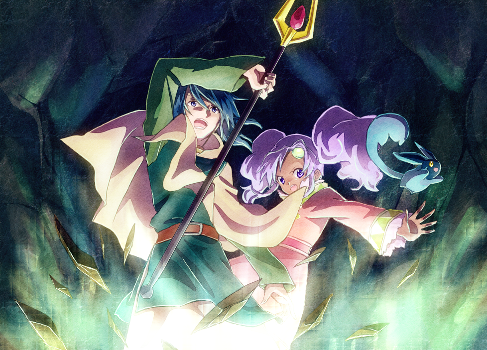 1girl, arm_up, blue_eyes, blue_hair, creature, forehead_jewel, keele_zeibel, long_hair