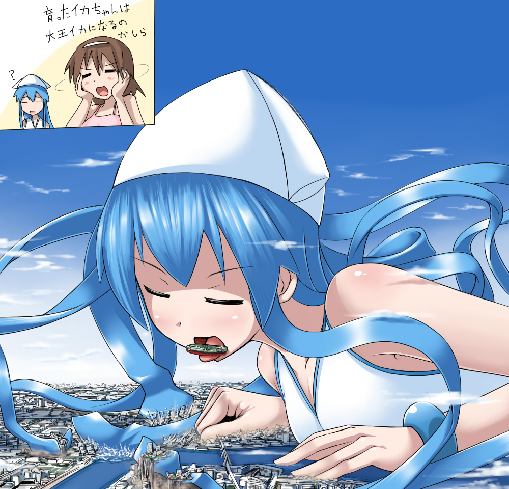 blue_hair, closed_eyes, destruction, dress, eyes_closed, giantess, hat, ikamusume