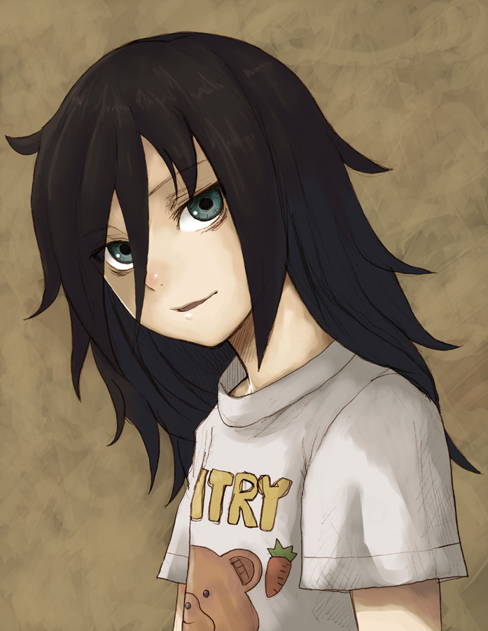 bad_id, bags_under_eyes, black_hair, blue_eyes, clothes_writing, green_eyes, kuroki_tomoko, long_hair, shaun_(pixiv4225983), solo, t-shirt, tomoko_kuroki, watashi_ga_motenai_no_wa_dou_kangaete_mo_omaera_ga_warui!, watashi_ga_motenai_no_wa_dou_kangaetemo_omaera_ga_warui!