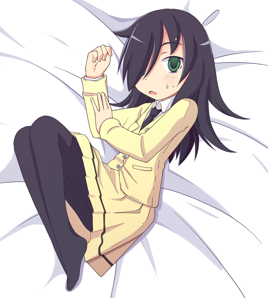 artist_request, bed, bed_sheet, black_hair, green_eyes, hair_over_one_eye, jito, kuroki_tomoko, long_hair, looking_at_viewer, lying, necktie, pantyhose, school_uniform, skirt, sweat, tie, tomoko_kuroki, watashi_ga_motenai_no_wa_dou_kangaete_mo_omaera_ga_warui!, watashi_ga_motenai_no_wa_dou_kangaetemo_omaera_ga_warui!