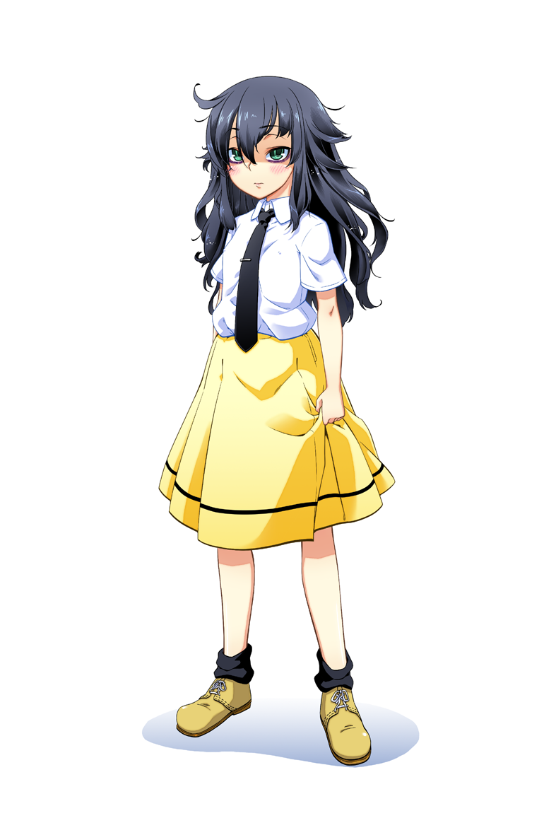bag, bags_under_eyes, black_hair, boots, green_eyes, ikusu, kuroki_tomoko, long_hair