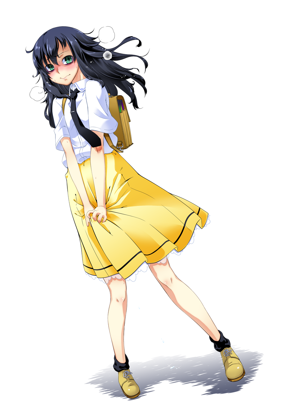 artist_request, backpack, bag, black_hair, blush, boots, embarrassed, green_eyes, highres, holding_skirt, ikusu, kuroki_tomoko, long_hair, loose_socks, messy_hair, necktie, pleated_skirt, school_bag, school_uniform, skirt, socks, sweat, tennjou_mukyuu, tie, tomoko_kuroki, watashi_ga_motenai_no_wa_dou_kangaete_mo_omaera_ga_warui!, watashi_ga_motenai_no_wa_dou_kangaetemo_omaera_ga_warui!