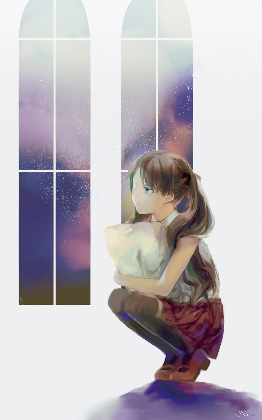 bare_shoulders, black_hair, black_legwear, blue_eyes, child, fate/zero, fate_(series), hair_ribbon