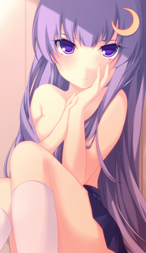 blush, breasts, censor_hair, closed_mouth, crescent, hand_to_chin, kabata_(mechisan), long_hair