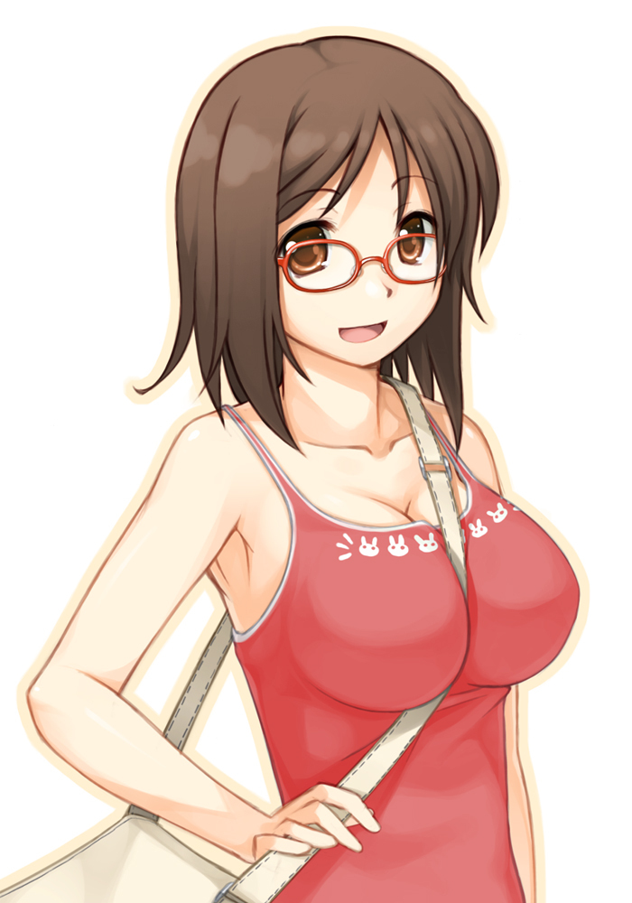 1girl, bag, between_breasts, breasts, brown_eyes, brown_hair, cleavage, collarbone