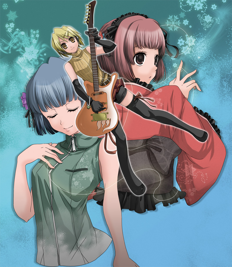 bad_id, blonde_hair, blue_hair, bracelet, brown_eyes, closed_eyes, elbow_gloves, flower