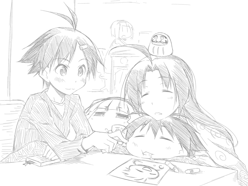 akane_yuki, antenna_hair, daruma_doll, idolmaster, kikuchi_makoto, kotatsu, makochii, miura_azusa, monochrome, otonashi_kotori, puchimasu!, shijou_takane, sleeping, table, takanya