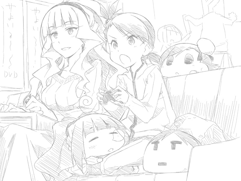 futami_ami, futami_mami, hairband, idolmaster, komami, long_hair, monochrome, otonashi_kotori