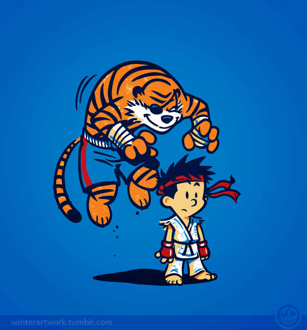 black_hair, calvin, calvin_&amp;_hobbes, cosplay, dougi, eyepatch, grin, headband, hobbes, male, pounce, pun, ryuu_(street_fighter), ryuu_(street_fighter)_(cosplay), sagat, sagat_(cosplay), shirtless, shorts, smile, street_fighter, watermark, web_address, winterartwork