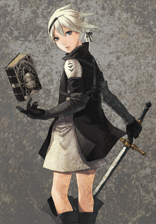 book, boots, hair_ornament, hairclip, katana, male, nier, nier_(character), nier_(young), short_hair, short_ponytail, solo, sword, tranceorange, trap, weapon, white_hair