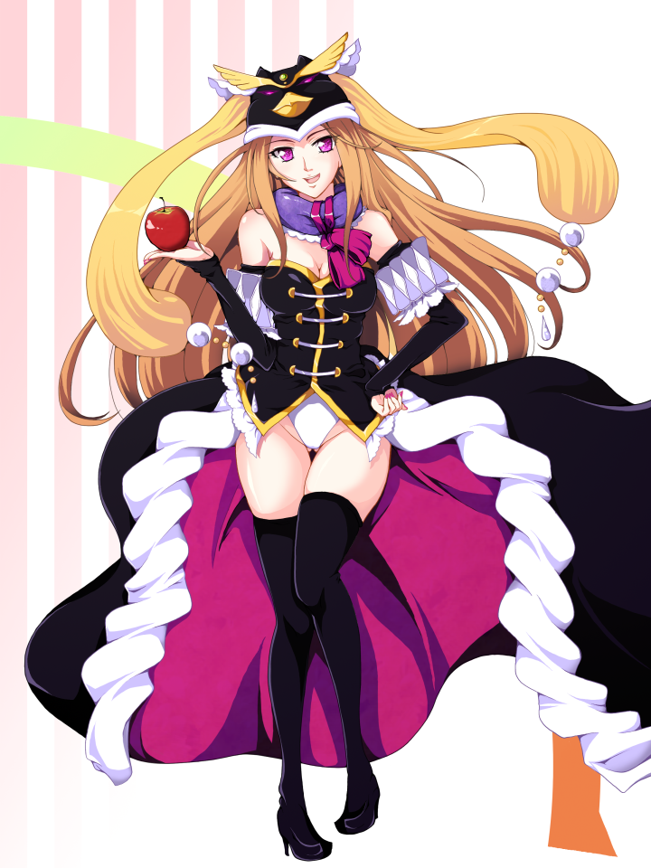 animal_hat, apple, bare_shoulders, black_legwear, breasts, brown_hair, cleavage, elbow_gloves