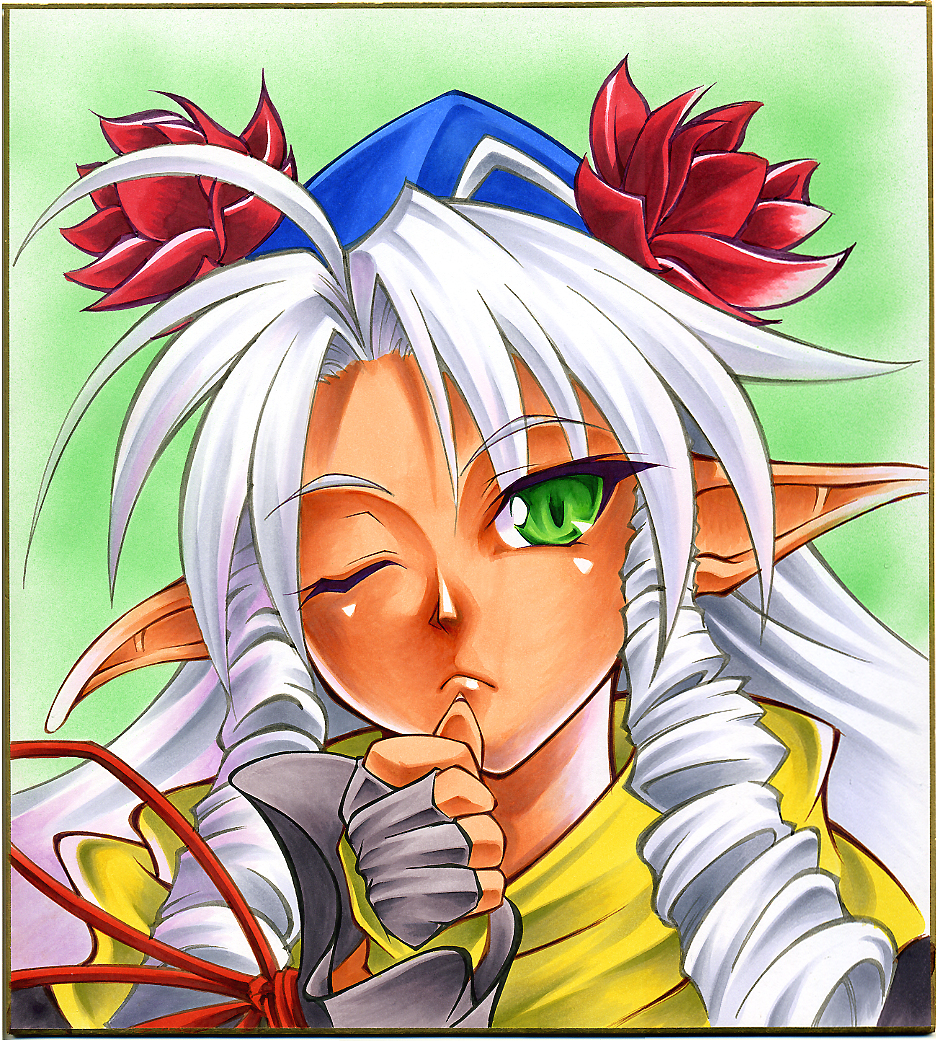 dorothy_mistral, drill_hair, green_eyes, shikishi, super_robot_wars, super_robot_wars_og_saga_mugen_no_frontier, white_hair, wink