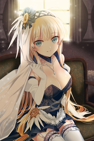 1girl, blonde_hair, breasts, collarbone, couch, detached_collar, elbow_gloves, feathers